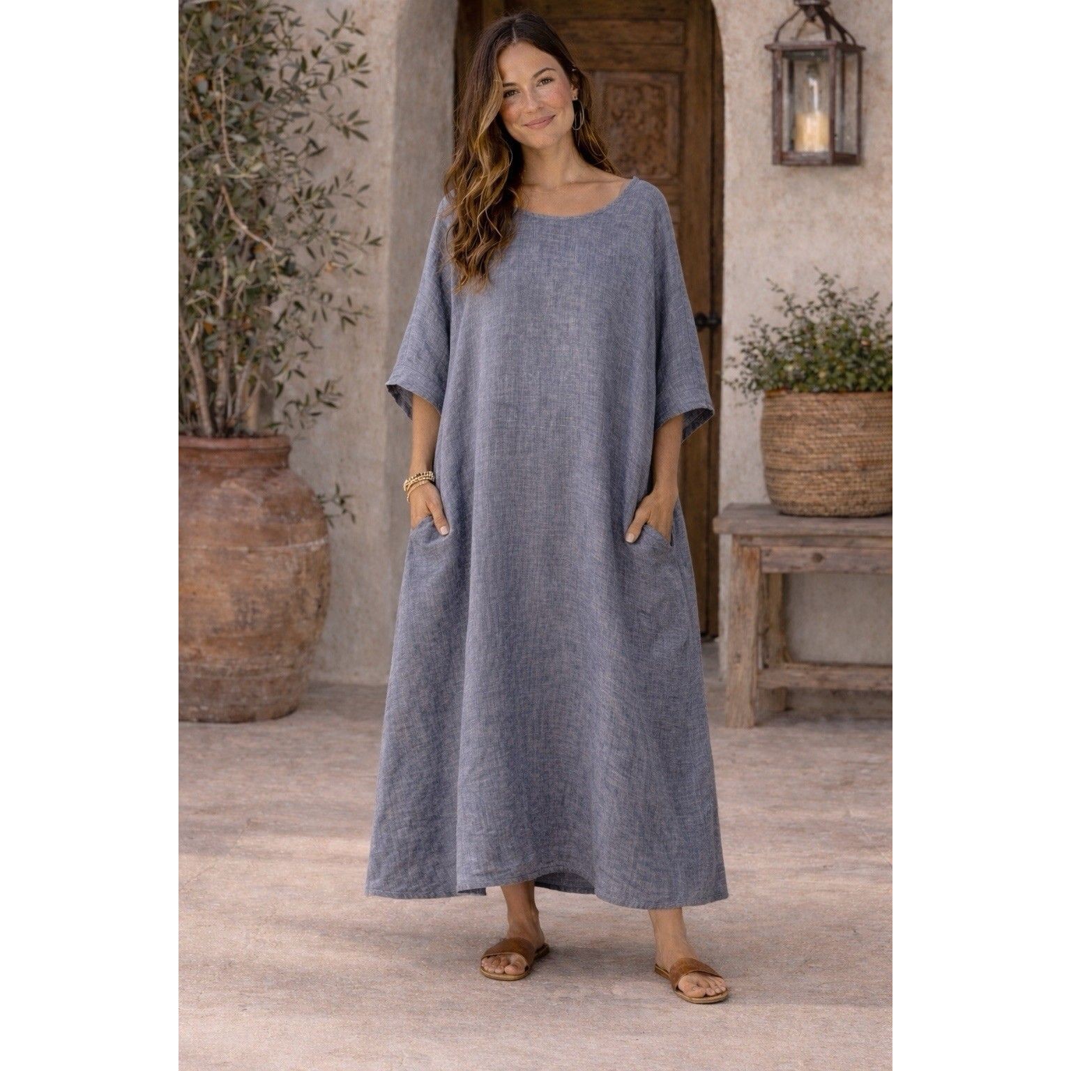 Cp Shades 100% Linen 3/4 Sleeve Relaxed Maxi Lagenlook Dress With Pockets Large